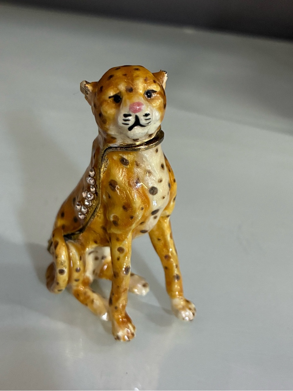 Cast Metal With Enamel Coating Hinged Spotted Cheetah Figurine with Rhinestones